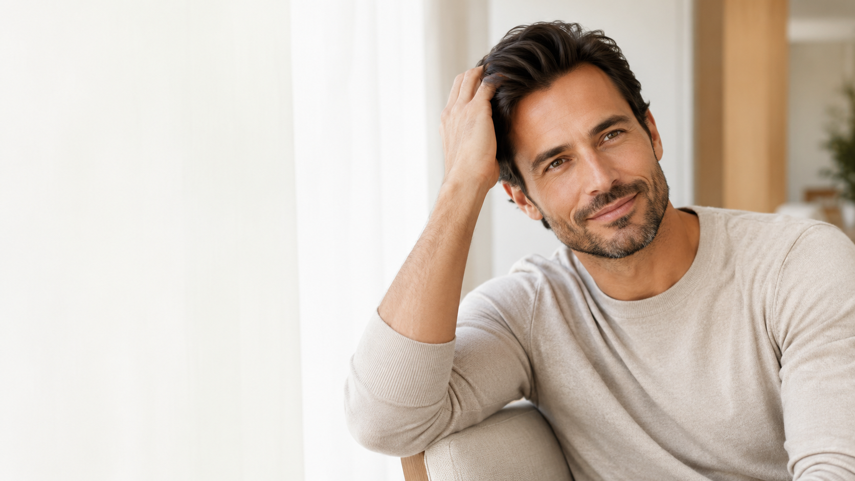 Smiling man with full, healthy hair in a bright modern room — hair transplant cost and financing guide