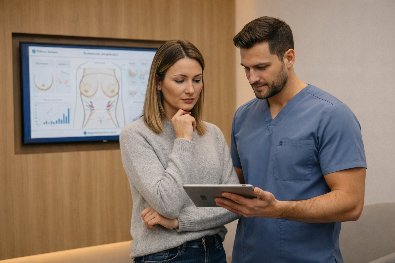 Plastic surgeon and patient discussing patient financing options for breast augmentation