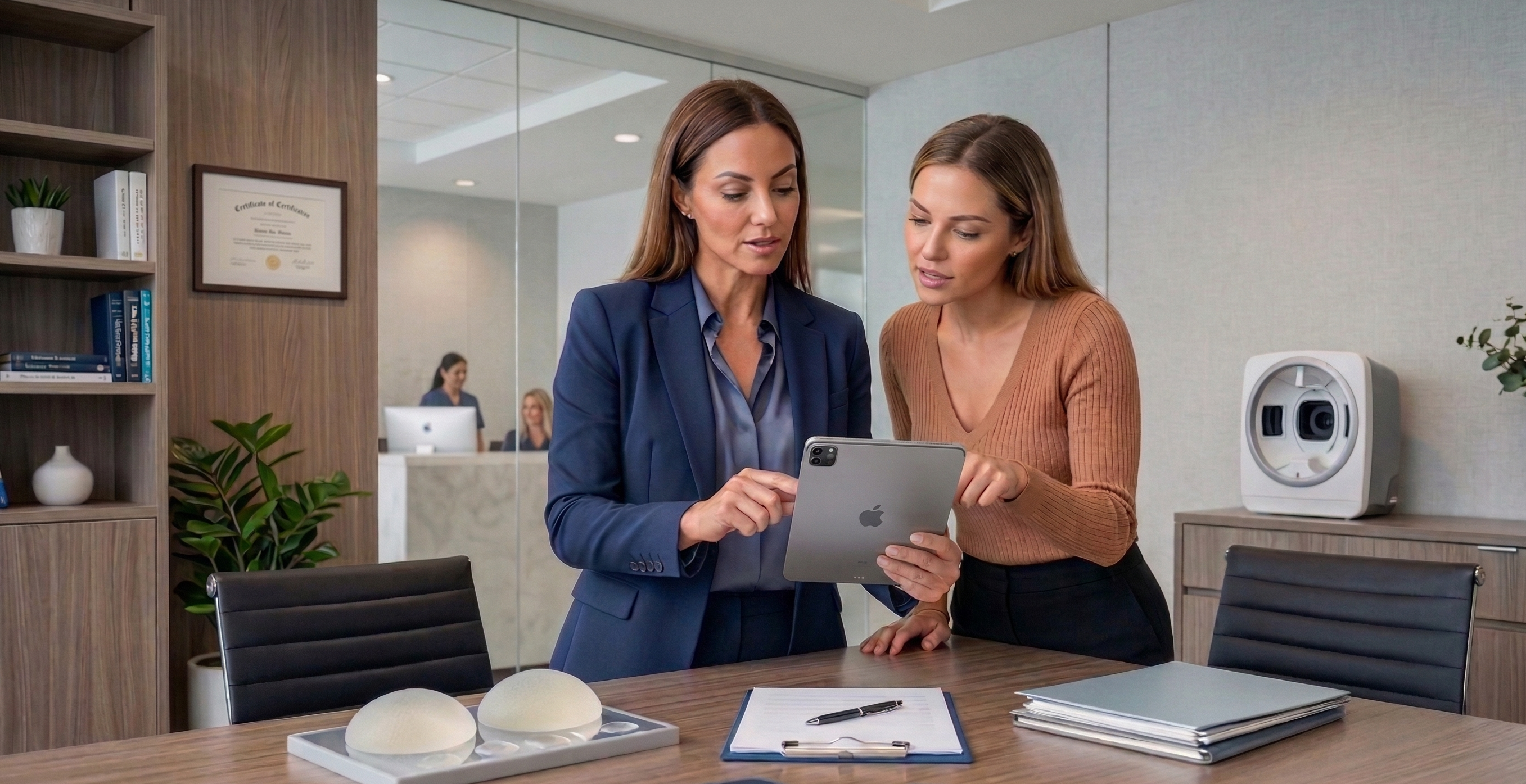 Practice manager and practice owner evaluating patient financing options in plastic surgery office