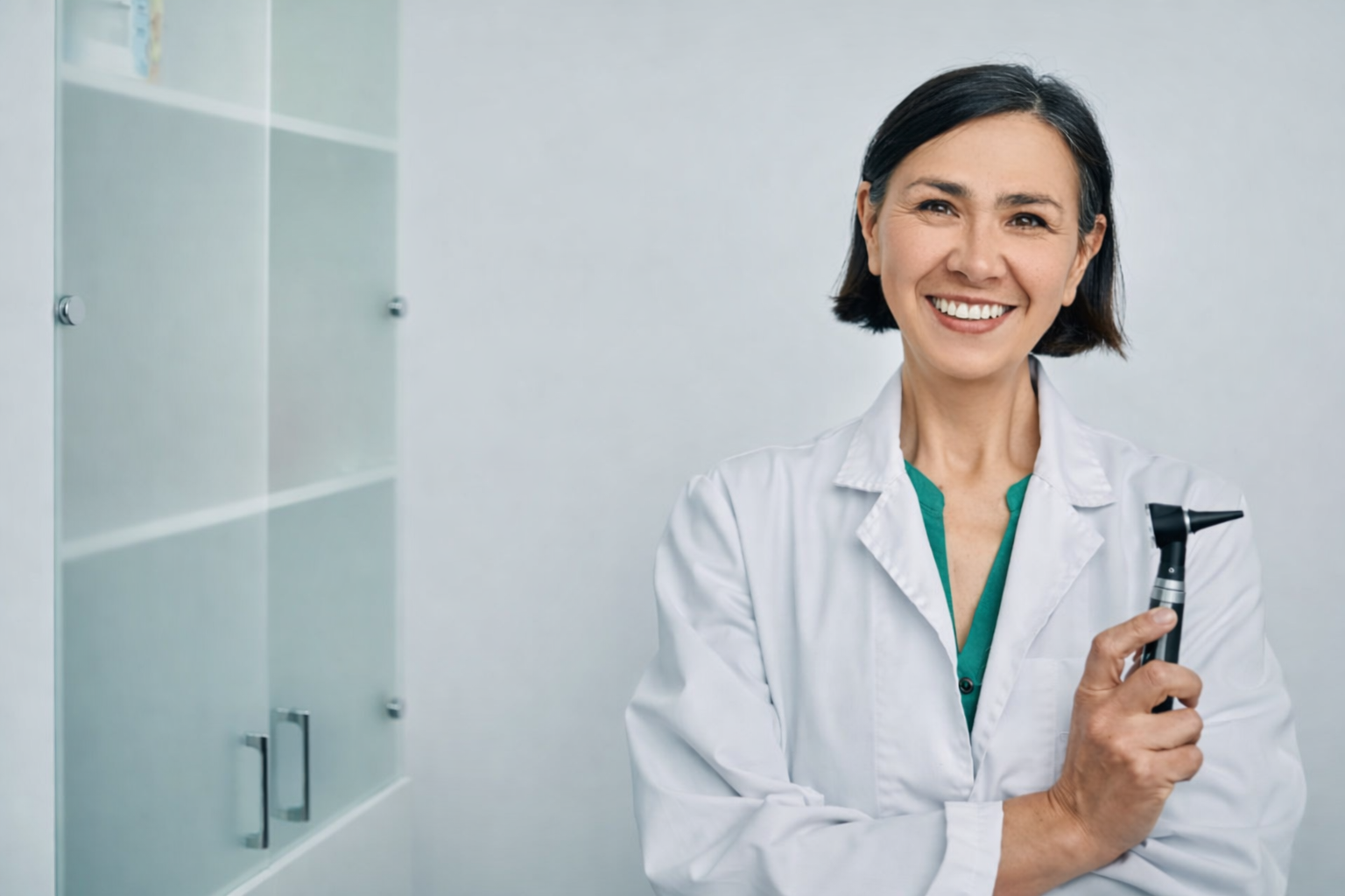 Audiologist in a modern hearing clinic holding an otoscope during a patient consultation