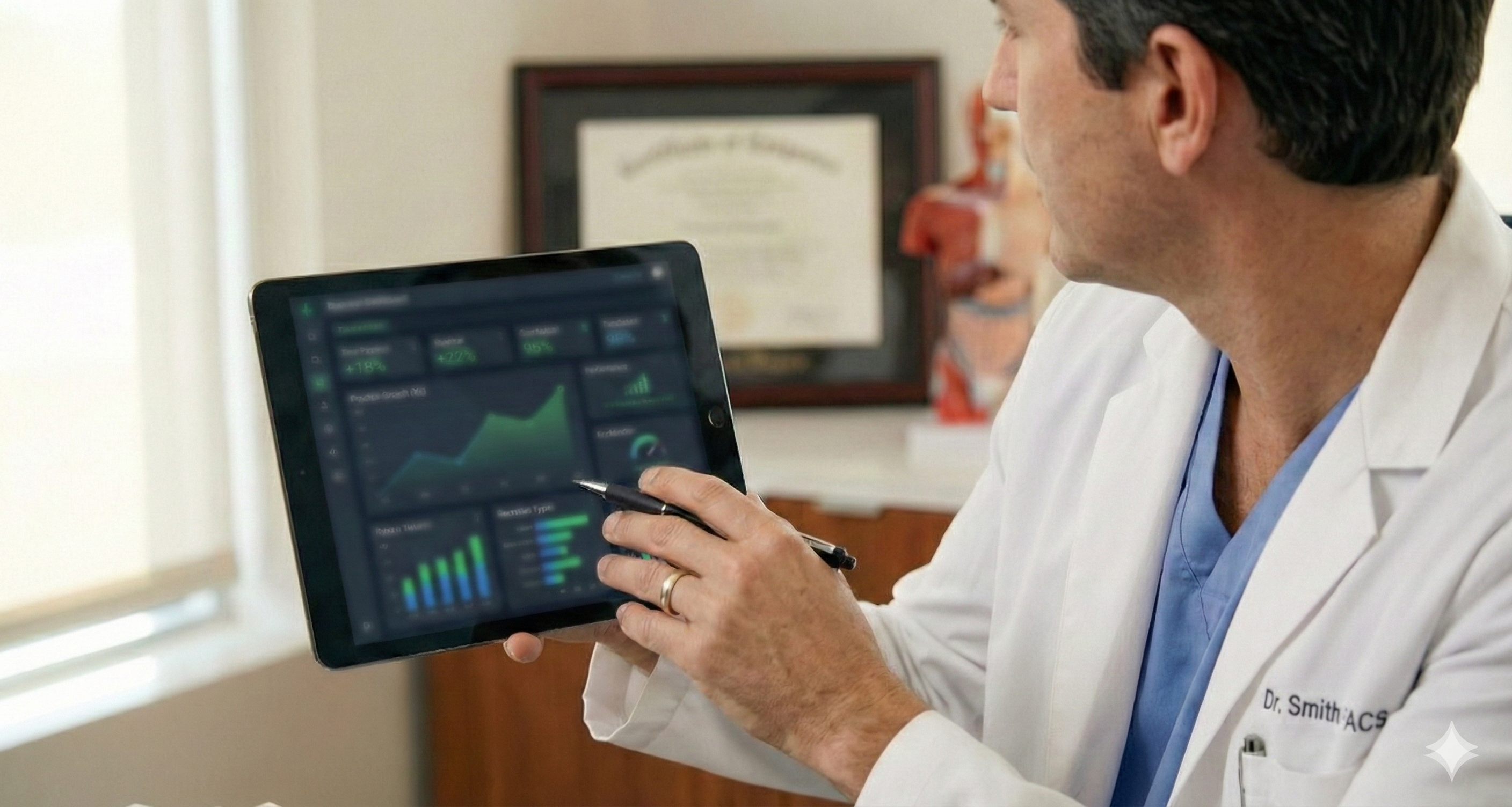 MedSpa provider reviewing treatment revenue and patient financing performance on a digital analytics dashboard.